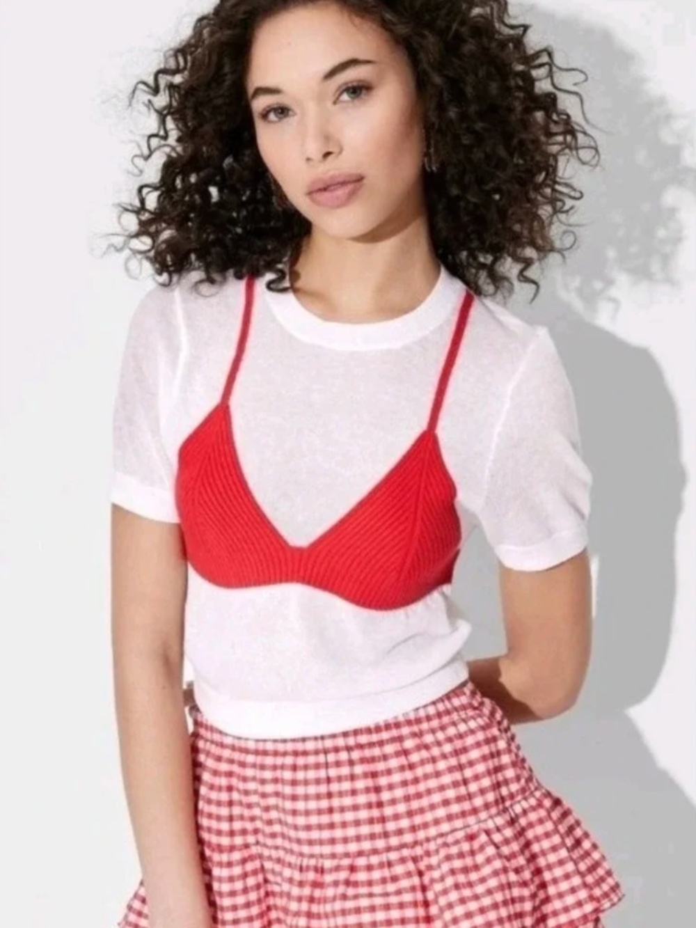 Wild Fable White Short Sleeve Tee w/ Integrated Red Knit Bralette